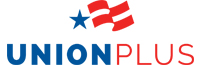 Union Plus logo with blue and red letting and a rippled flag design.